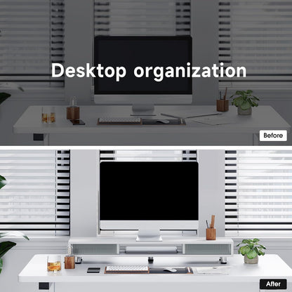 Fenge Dual Monitor Stand, 42.5inch Long Monitor Stands Riser for 2 Monitors, Sliding Door with Storage Organizer Stand for Desk, 2 Tier Desk Shelf for Laptop, Pc, Printer, Computer, TV