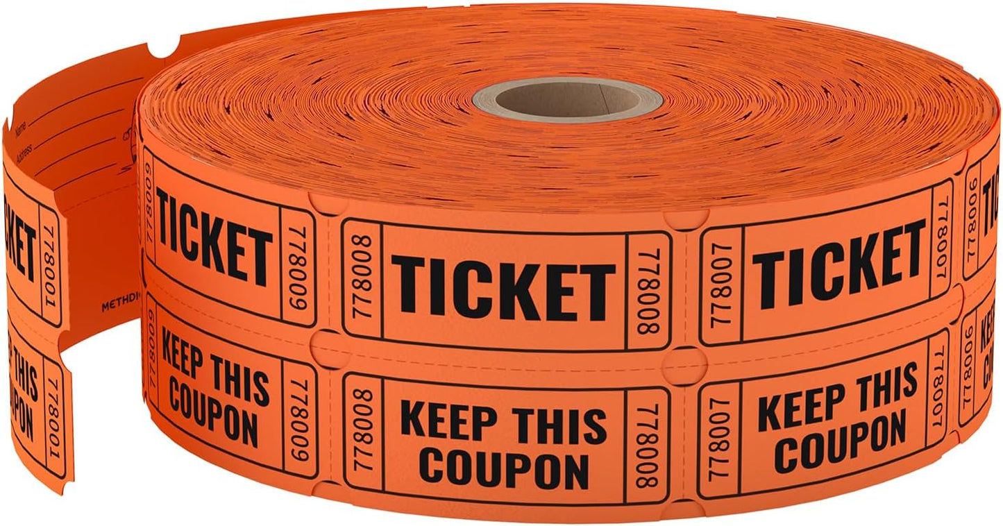 2000 Methdic Orange Raffle Tickets (4 Color Selection), Double Roll, Ticket for Events, Entry, Class Reward, Fundraiser & Prizes
