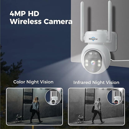 Hiseeu Solar Camera Outdoor, 4MP Wireless Battery Camera, PTZ 360° View, PIR Motion Detection, Color Night Vision, IP66, 2-Way Audio, 2.4G WiFi, No Monthly Fee