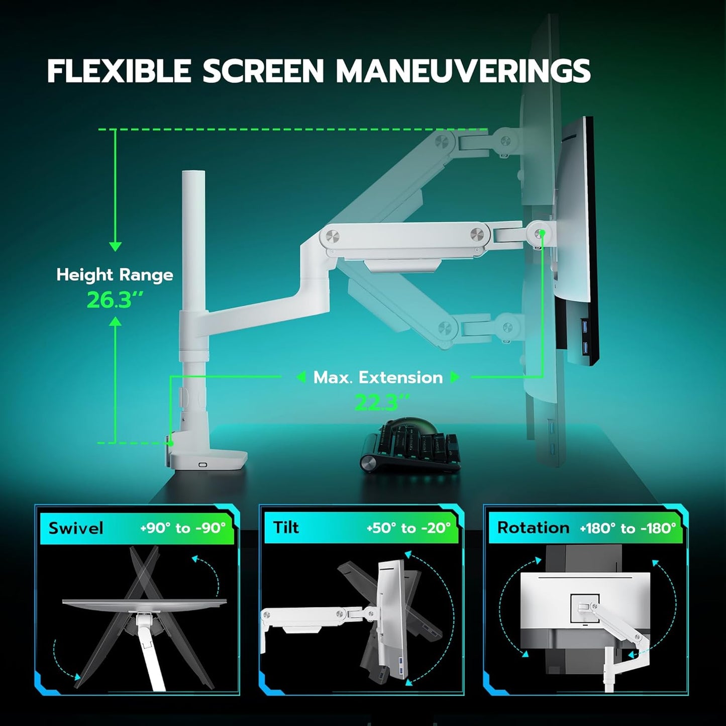 ARES WING Ultrawide Monitor Mount with USB A/C, with Extended Column for 17 to 49 inch Heavy Duty Monitor, Holds 44 lbs, Adjustable Gas Spring Desk Mount, White