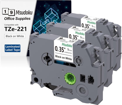 Tze Tz Tape 9mm 0.35 Laminated White Compatible for Brother P Touch Label Maker Tape TZe-221 TZe221 Label Tape for PT D200 D210 D220 D400 Cube, Black on White, 3/8 Inch x 26.2 Feet, 3-Pack