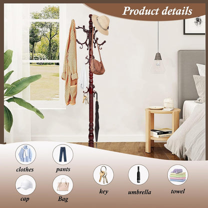 Wooden Coat Rack Freestanding, Vintage Coat Racks with Sturdy Round Base, Adjustable Height 37.40"-72.83" Entrance Coat Rack for Bedroom Living Room Entryway (Solid wood Rosewood)