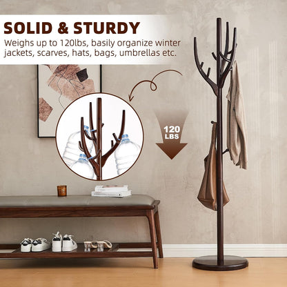 Uniclinens Coat Rack Freestanding Solid Wood Coat Tree Standing with 12 Hooks, Coat Rack Stand Creative Tree Branch-look (Dark Walnut)