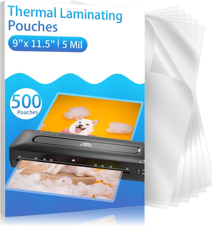Clear Thermal Laminating Pouches – 9 x 11.5 Inch, 5 mil Thick (500 Pack) – Professional-Grade Lamination Sheets for Documents, Photos & Crafts – Fits 8.5 x 11 Letter Size Paper - [5mil 500 Packs]