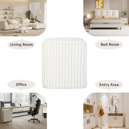 Modern Square Ottoman, Vertical Channel Tufted Foot Stool Ottoman, Velvet Upholstered Vanity Stool for Makeup, Bedroom, Living Room, White