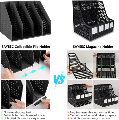 SAYEEC Collapsible Magazine Holder Plastic Desktop 4 Compartment File Rack Magazine Organizer Vertical File Divider Sorter Storage Document Organizer for Office Home School Black