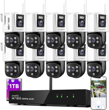 [2-in-1 CAM*10] XMARTO 20-VIEW WiFi 6 Mesh Security Camera System Outdoor Wireless, 10x Dual-Lens CAM, 16CH 4K Long Range WiFi6 Surveillance NVR Kit, 4MP PTZ Home CCTV Set w. 500GB HDD, No Monthly Fee