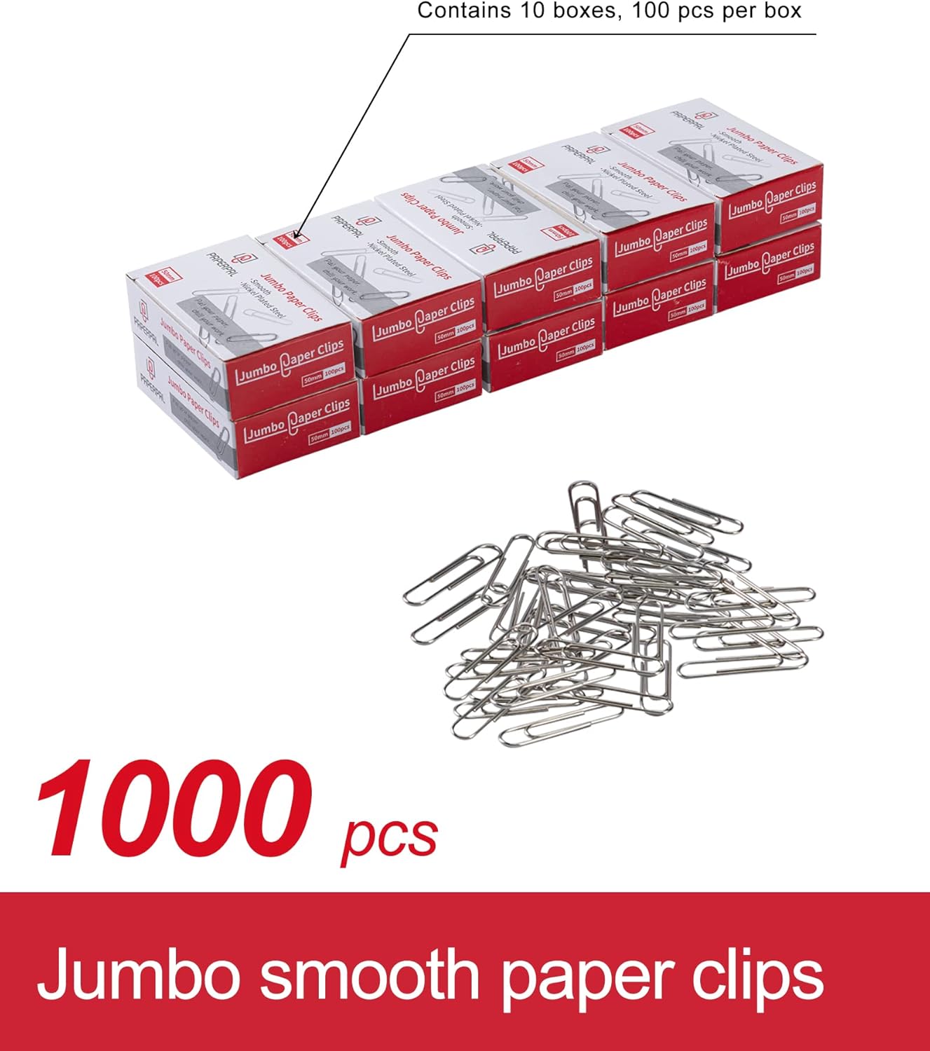 PAPERPAL Paperclips for Office School & Personal Use, Jumbo Smooth Paper Clip (2"), 1000 Large Paper Clips (10 Boxes of 100 Each), Silver