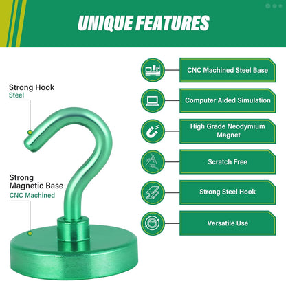 Neosmuk Magnetic Hooks Heavy Duty, Strong Magnet with Hook for Fridge, Super Neodymium Extra Strength Industrial Hooks for Hanging, Magnetic Hanger for Toolbox, Cruise, Grill(Green,4 Pack)