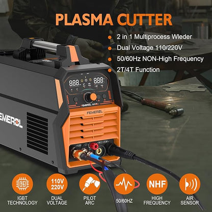 Plasma Cutter, 2 in 1Non-High Frequency 60A Plasma Cutter/ 200A Stick Welder Large Digital Display Non-Touch Pilot Arc, 110/220V Dual Voltage Plasma Cutting Machine