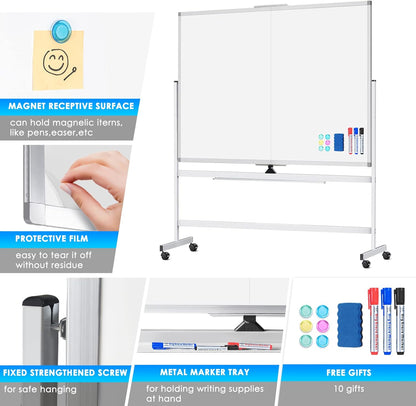maxtek 60 x 48 Double Sided Rolling Whiteboard, Mobile Whiteboard Magnetic White Board - Large Reversible Dry Erase Board Easel Standing Board on Wheels with Stand (60 x 48)