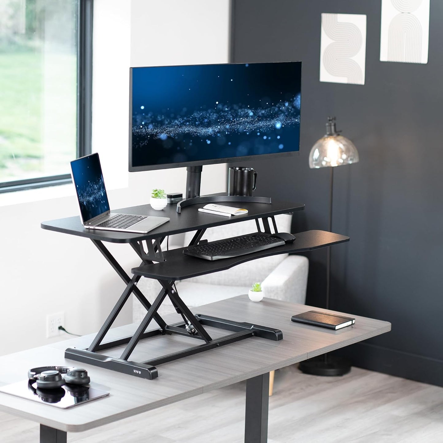 VIVO 42 inch Desk Converter, K Series, Height Adjustable Sit to Stand Riser, Dual Monitor and Laptop Workstation with Wide Keyboard Tray, Black, DESK-V042KB
