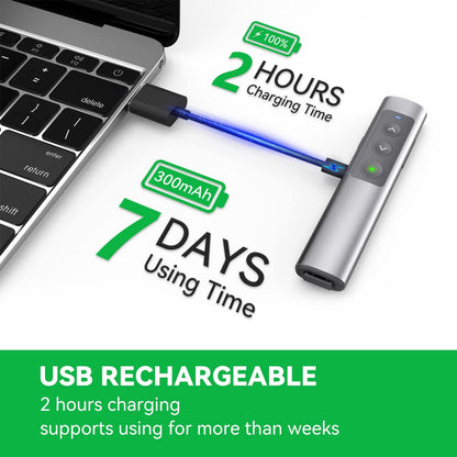 Metallic Presentation Clicker Presenter Remote - Rechargeable Wireless Presenter with Green Laser Pointer, 2 in 1 USB Clicker for PowerPoint & Google Slides, Compatible with MacBook/PC