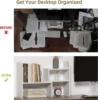 TY ARTS & CULTURE - Expandable Wood Desktop Storage Organizer Multipurpose Desk Bookshelf Display Shelf Rack Counter Top Bookcase for Office Home | Pure White