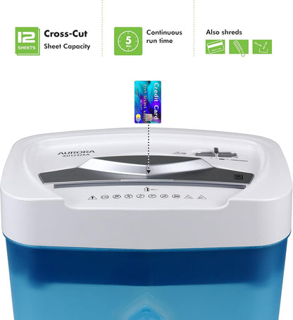 Aurora AU1232XA Anti-Jam 12-Sheet Crosscut Paper/Credit Card Shredder with 5.2-Gallon Wastebasket (White/Semi Translucent Blue)