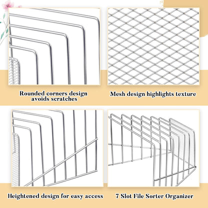 2 Pcs 7 Slot Incline File Sorter Metal Wire Mesh File Racks for Desktop Letter Sorter for Magazine Folder Book Organizer Home Office School Paper Mail Desk Storage Holder (Silver)