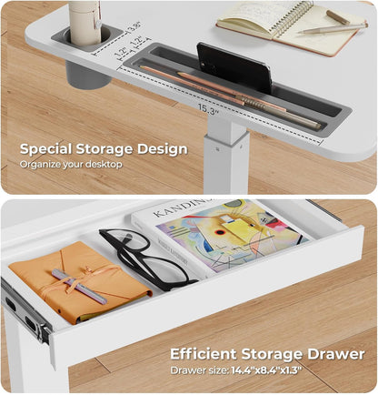 Mobile Standing Desk with Drawer, 28" Rolling Desk with Cup Holder and Hooks, Portable Laptop Cart on Wheels, Height Adjustable Workstation with Storage for Home Office, White