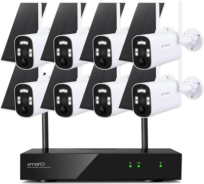 xmartO WiFi 6 Long Range Wire-Free Solar Home Security Camera System Wireless, 8-Set 4MP QHD CCTV Camera Kit with 4K 10CH Expandable WiFi NVR (Suitable for Indoors/Outdoors)