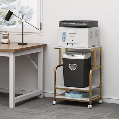 Printer Table with Storage for Home Office Organization, 3 Tier Printer Stand with Height Adjustable Shelf, Rolling Printer Cart with Wheels, White Gold
