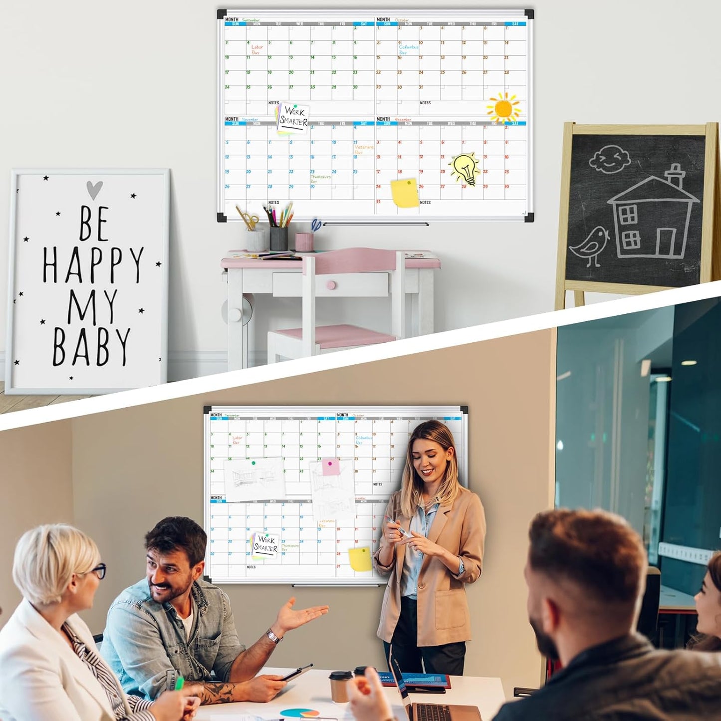 XBoard Magnetic Calendar Whiteboard 48" x 36" - 4 Month Colorful Calendar Dry Erase Board for Monthly Planning, Silver Aluminium Framed