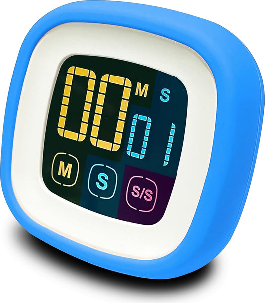Digital Kitchen Timer, Countdown, Countup, Protective Rubber case, Large Display with Color Bold Digits, Touch Control, Backlit, Magnetic Kickstand, Loud Alarm, Auto Memory (Sky Blue)