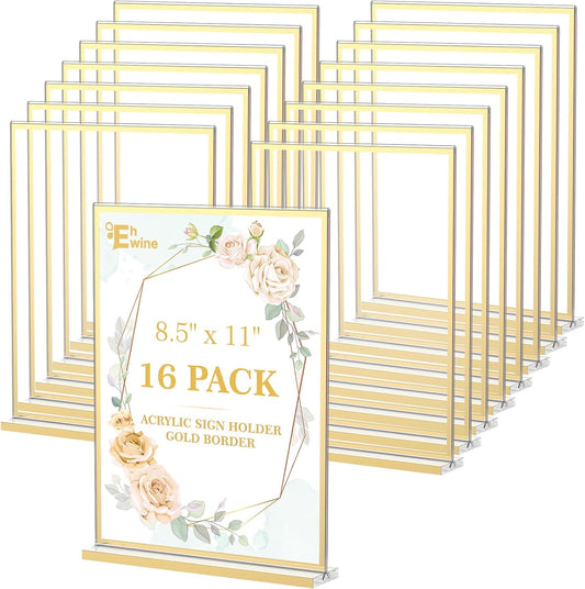 EHWINE 16 Pack Acrylic Sign Holder 8.5 x 11, Double-Sided Tabletop Gold Sign Holder, Clear Acrylic Picture Frame Menu Flyer Paper Holder Display Stand for Home Wedding Party (with Non-Slip Pads)
