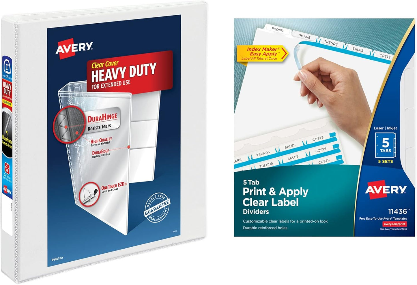 Avery Heavy-Duty View 3 Ring Binder with 1 Inch Rings, 5 Tab Easy Print & Apply Clear Label Binder Dividers, Office Supplies Set (01687)
