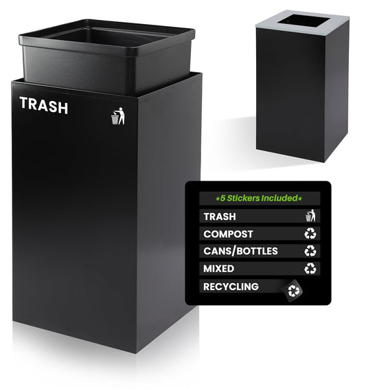 Alpine Commercial Indoor Recycle Bin - 29 Gallon Modern Looking Black Recycle Bin, Office Recycling Bins, Metal Trash and Recycling Container with Stickers & 3 Optional Lids (lid Sold Separately)