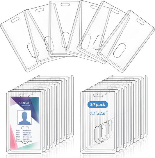 30 PCS Acrylic Card Holders, Clear ID Card Holders, Hard Plastic Badge Holder, Vertical Card Protector, Cover Transparent Badge Protector for Office Classroom Fair