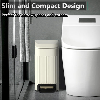 Small Bathroom Trash Can with Lid Soft Close-6L/1.6 Gal Slim Step Garbage Can-Metal Pedal Wastebasket-Narrow Rectangle Garbage Container Bin for Corner Office, Bedroom, Toilet, Live Room-Beige