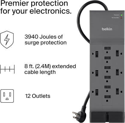 Belkin 12-Outlet Surge Protector Power Strip w/ 12 AC Outlets & 8ft Flat Plug, UL-Listed Heavy-Duty Extension Cord for Home, Office, Travel, Computer, Laptop, Charger - 3,940 Joules, Pack of 3