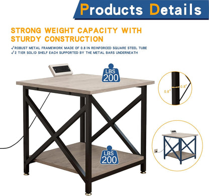 Large Printer Stand with Power Outlet, with Storage Shelf, 2 Tier Rolling Printer Cart with Industrial Wheels, 23.6 x 23.6 Inches Printer Table for Home Office,Greige