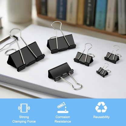 228 PCS Binder Clips Paper Clamps Assorted Sizes,Extra Large Medium Small Mini and Micro,Black Metal Paper Binder Clip 6 Sizes for Office, Home and School