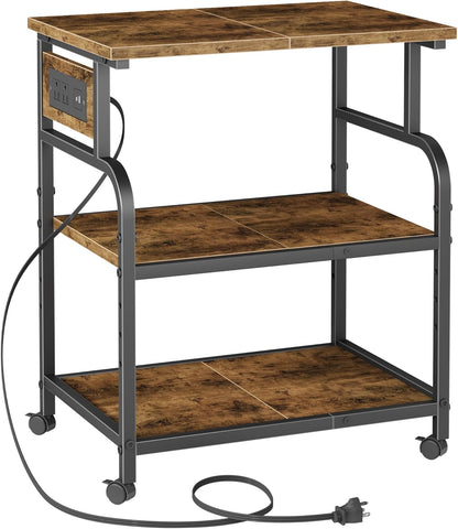 3 Tier Large Printer Stand with Power Outlet/Adjustable Storage Shelf, Rolling Cart with Wheels, Printer Table for Home Office 3D Printer/Heat Press/Laster, 22"×15" Rustic Brown