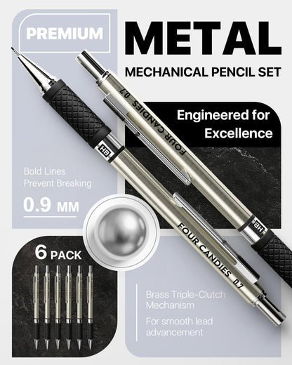 Four Candies Metal Mechanical Pencil Set - 6PCS 0.9mm Art Mechanical Pencils & 360PCS HB Lead Refills & 3PCS Erasers & 9PCS Eraser Refills, Drawing Mechanical Pencils for Writing, Sketching -With Case