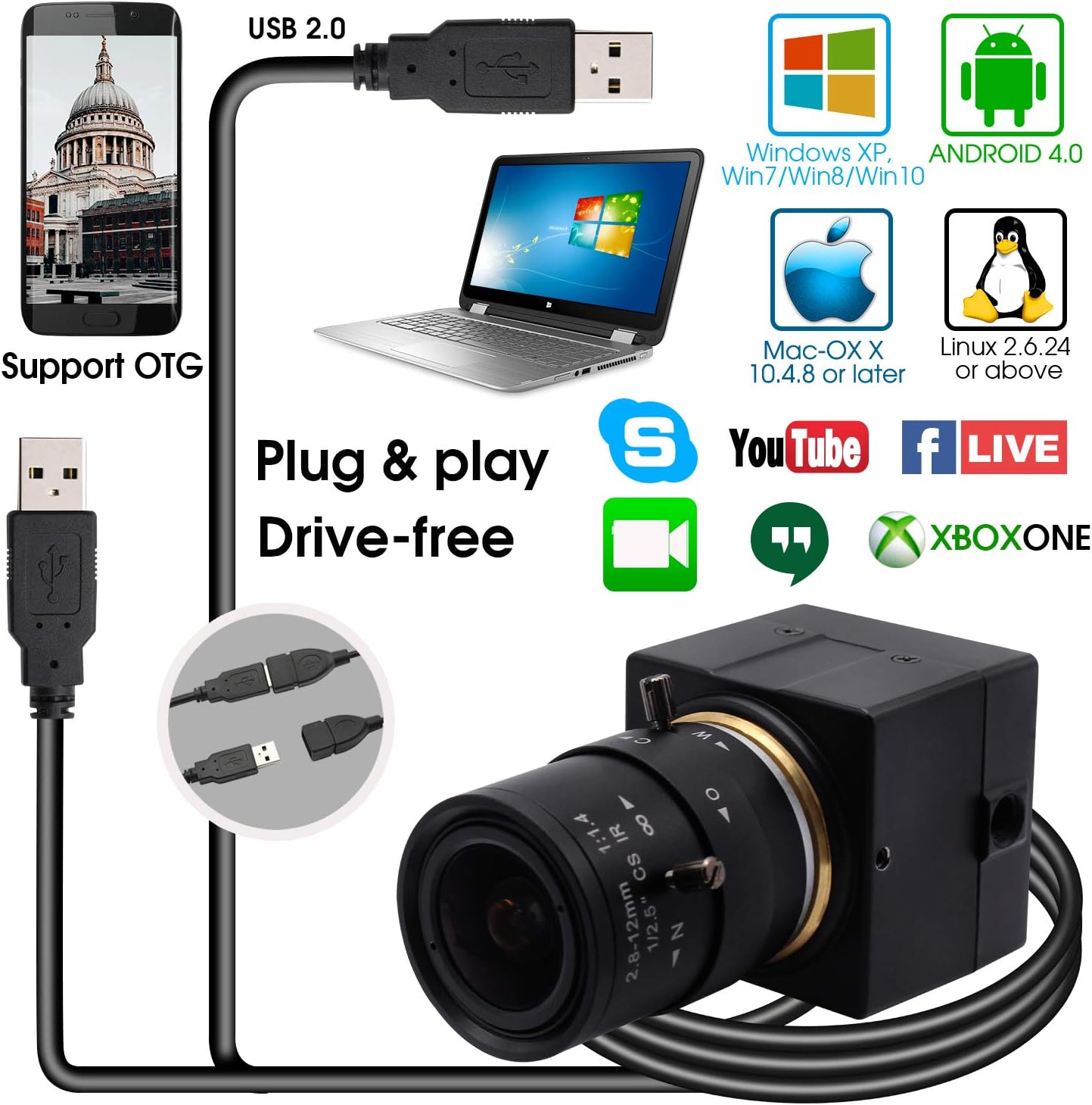 SVPRO USB Camera 1080P HD Webcam with Zoom Lens 2.8-12mm,Manual Focus Web Cam for Computer,H.264 Low Light Camera with Sony IMX323 Sensor for Streaming/Video Conference/Studio