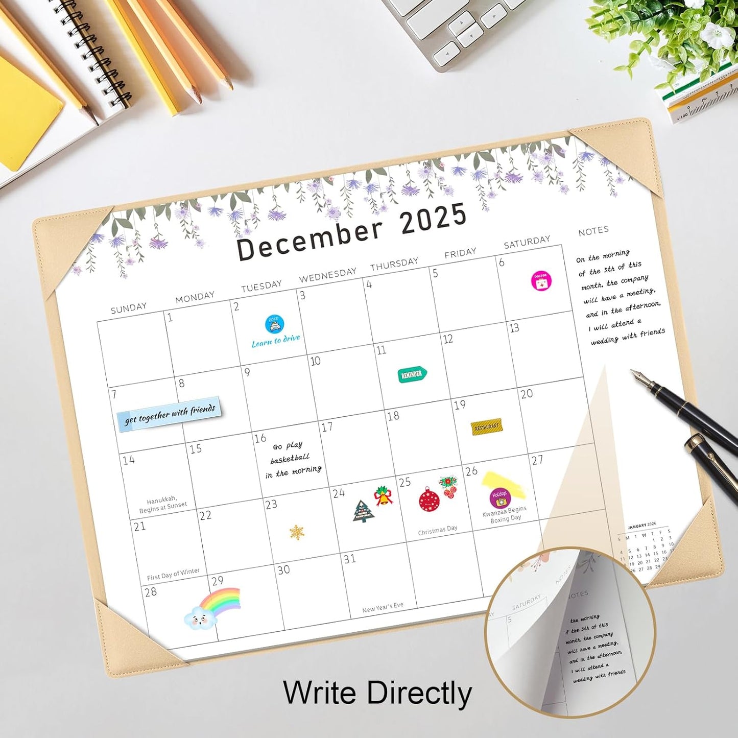 Gannyfer Large Desk Calendar 2025-2026 with Desktop Mat - 18 Month Table Calendar, 22" x 17" Desktop Pad Calendar for Planning and Organizing In Your Family, School or Office - Small Fresh Florals (6 Stickers Included) (Brown)