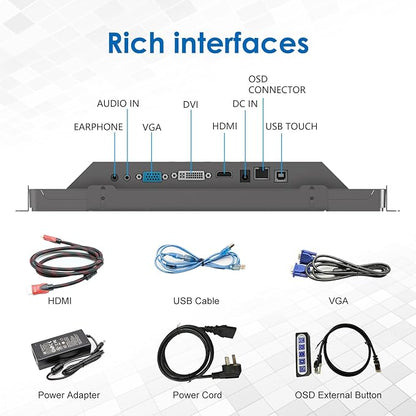 13.3 Inch 1000 Nits High Brightness 10 Points Open Frame Touch Display, Industrial PCAP Touchscreen Monitor, VGA+HDMI+DVI Port - 16:9-1920 x1080
