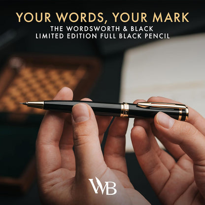 Wordsworth and Black Mechanical Pencil Graphite Lead- Stunning Luxury Metal Pencil, Black Lacquer 24K Gold Finish, 0.7mm Led, Best Gift Set for Men & Women, Professional Executive Office Pencils