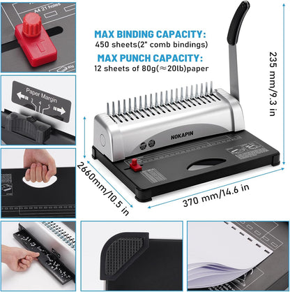 Binding Machine,Book Binder Machine 21-Holes, 450 Sheets,Comb Binding Machine with Starter Kit 100 PCS 3/8'' Comb Binding Spines,Spiral Binding Machine for Letter Size, A4, A5 or Smaller Sizes