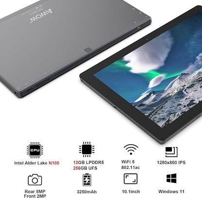 AWOW 10.1" 2-in-1 Windows Tablet with Keyboard, Intel N100 Processor, 12GB DDR5 RAM, 256GB Storage, Detachable Touchscreen Laptop, Windows 11, Dual-Band WiFi, Bluetooth, USB 3.0, HDMI, Dual Cameras