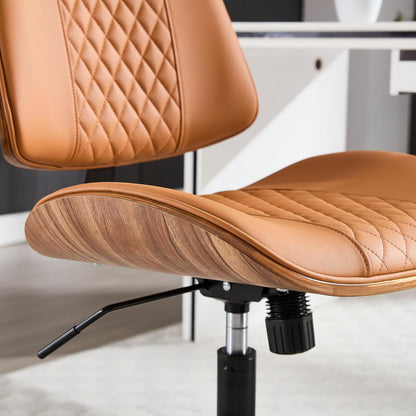 Home Office Chair No Arms with Wheels, Adjustable Height PU Leather Mid Back, 360 Swivel Computer Small Desk Chair, Armless Modern Walnut Style for Office, Reading Meeting Room(Brown)