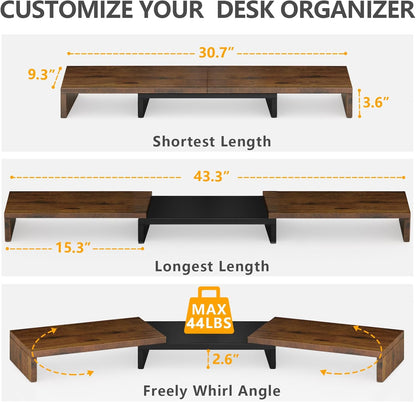 TAVR Dual Monitor Stand Riser, Computer Monitor Stands for 2 Monitors, Extra Long Multifunctional Desktop Organizer Riser for Computer, Laptop, PC, Printer, TV, Max 43.3" Length, Rustic Brown