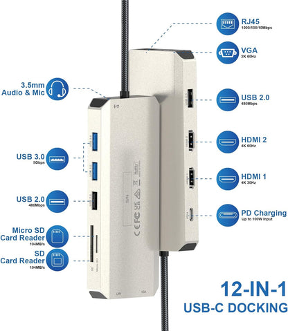 WAVLINK 12 in 1 USB C Docking Station Dual Monitor Triple Display with 2 HDMI, VGA, USB Type C Hub with 100W PD, Ethernet, 5 USB, SD/TF Card Reader, Audio, Work for Windows Laptop