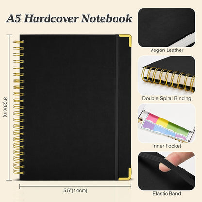 Bullet Dotted Journal Spiral Notebook, 300 Pages Leather Notebooks with Contens, 120 GSM Thick No Bleed Through Paper Journals, A5 Dot Grid Notebook for Women Men School Work Writing, 5.5" x 8", Black