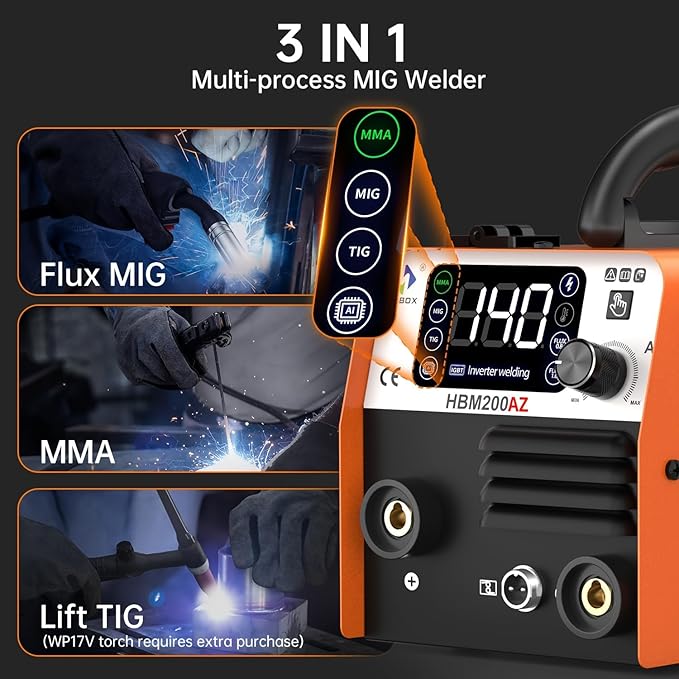HITBOX 140A Mig Welder Machine 110v 3 in 1 Flux Core Welding/Lift TIG/Stick Gasless Wire Maquina de Soldar Upgraded Handheld Welder Gun Welding Kit High-End Chip with IGBT Inverter LED Display