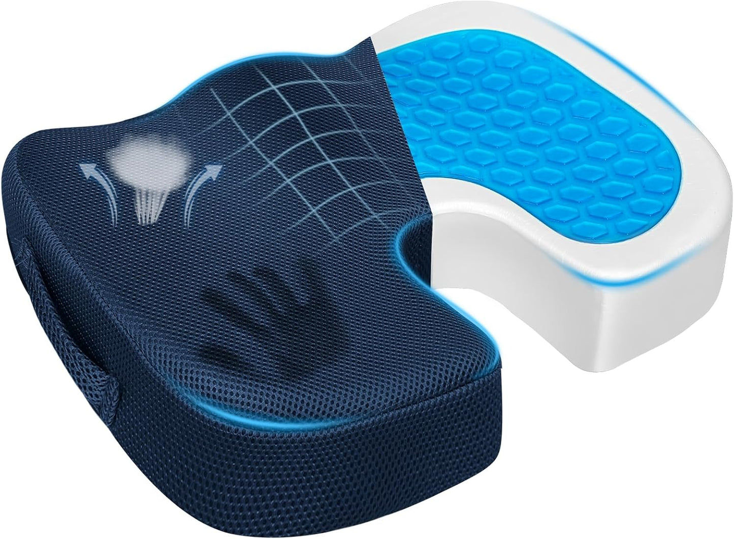 Gel Seat Cushion for Car Office - Memory Foam Pain Relief Chair Pillow Cushions - Tailbone Sciatica Coccyx Butt Lumbar Support Pad for Sitting Driving Traveling, Mesh, Blue