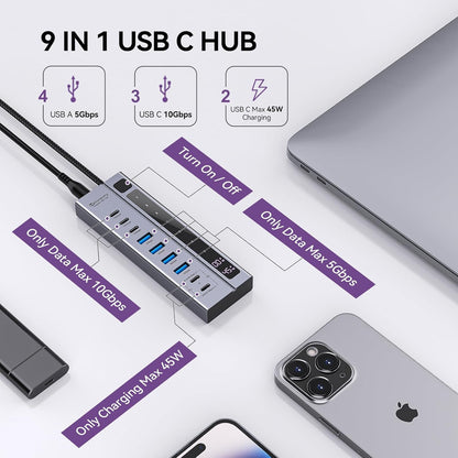 Minisopuru Powered USB C Hub – Support Max 45W Charging with 72W Power Adapter, 10Gbps Data Transfer, USB-C Powered Hub for Laptop, MacBook,iPad (Not for Monitor)