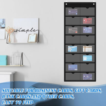 2 Pack 3'' x 5'' Index Card Holder Sleeve 16 Slot Plastic Organizer Hanging Wall Mount Business Note Cardholder PVC Clear Organizer Pocket for Classroom Office Library Home (Black)