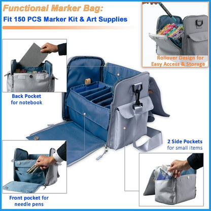 Togood Storage Tote Bag for Marker Pens Brush Pen Coloring Pencils Books Art and Crafts Supplies Tools Cosmetics, at Least 150 Pens (Grey)